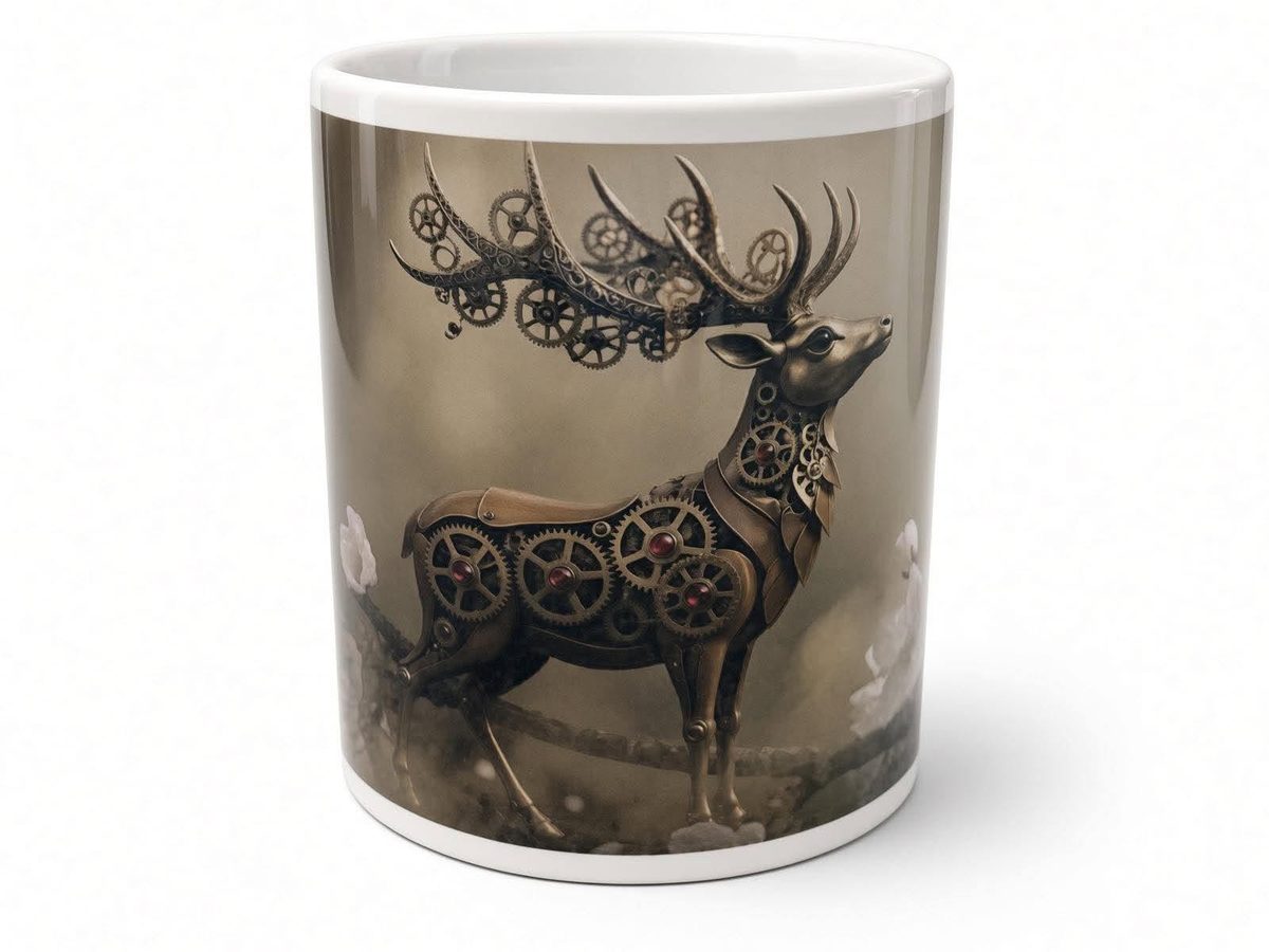 Clockwork stag mug, handmade UK gift