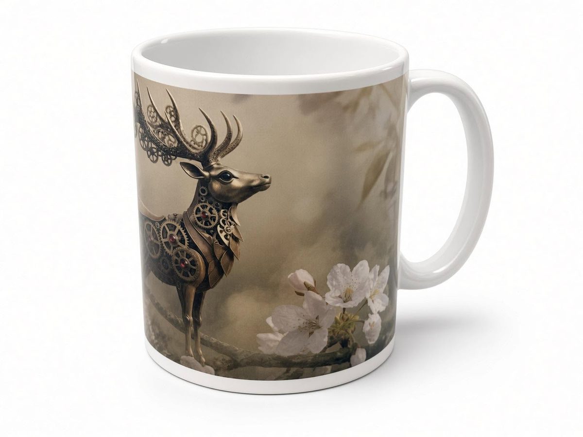 Clockwork stag mug from another angle, handmade in the UK