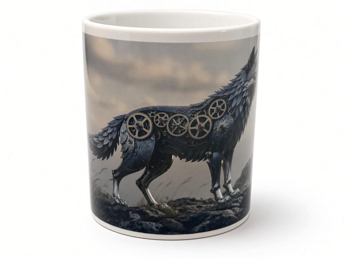 Clockwork wolf mug, handmade UK gift