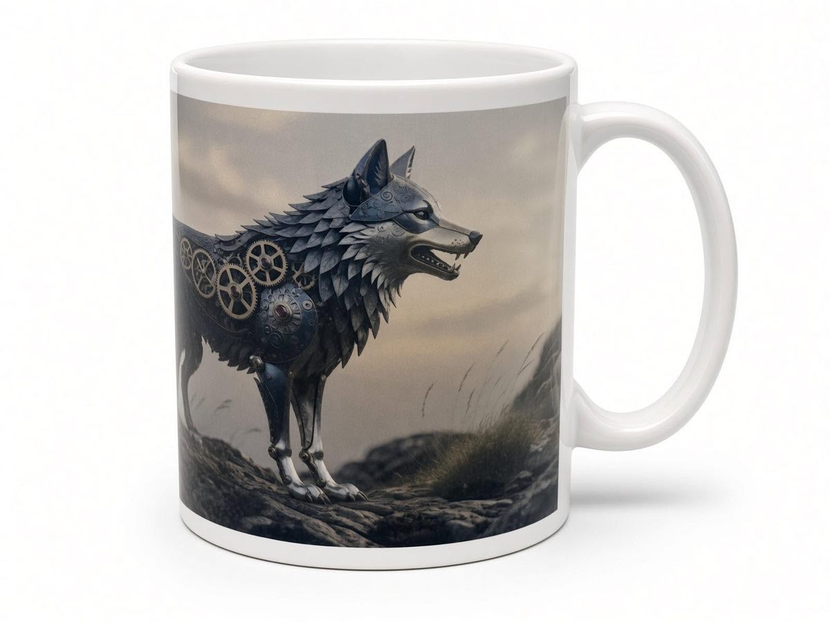 Clockwork wolf mug from another angle, handmade in the UK