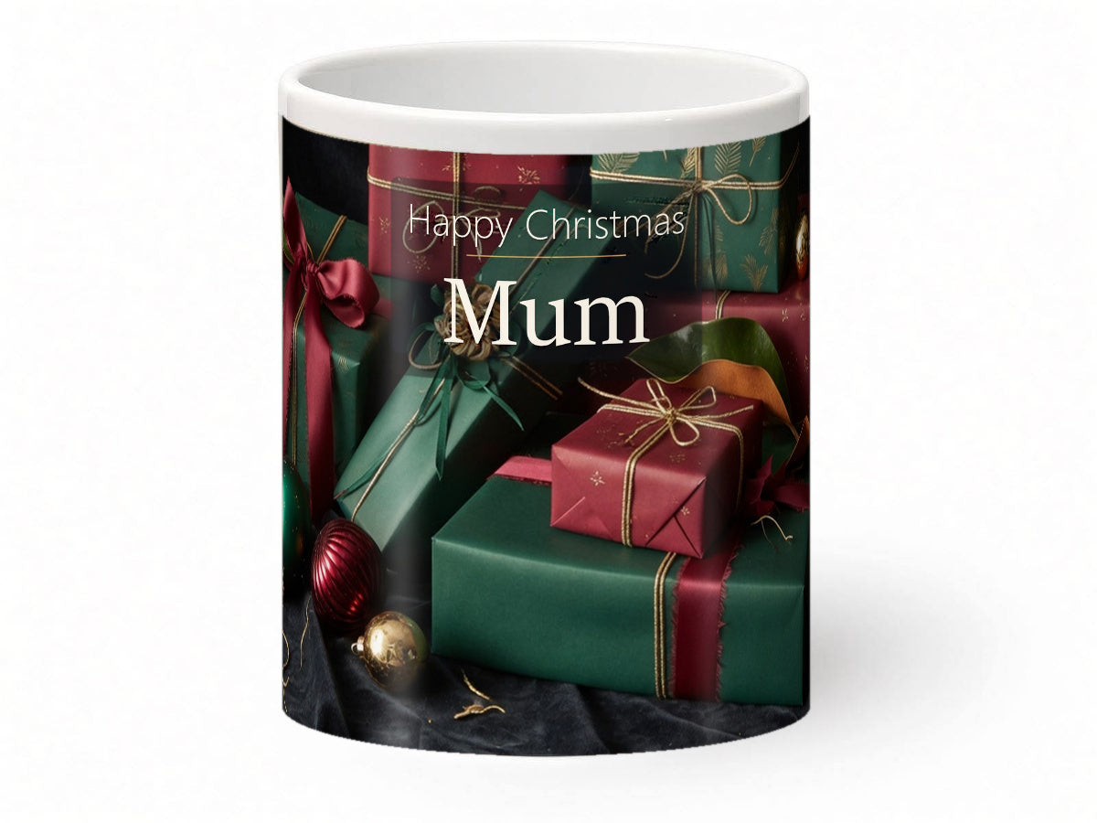 Happy Christmas Mum Mug – Wrapped Presents – front view
