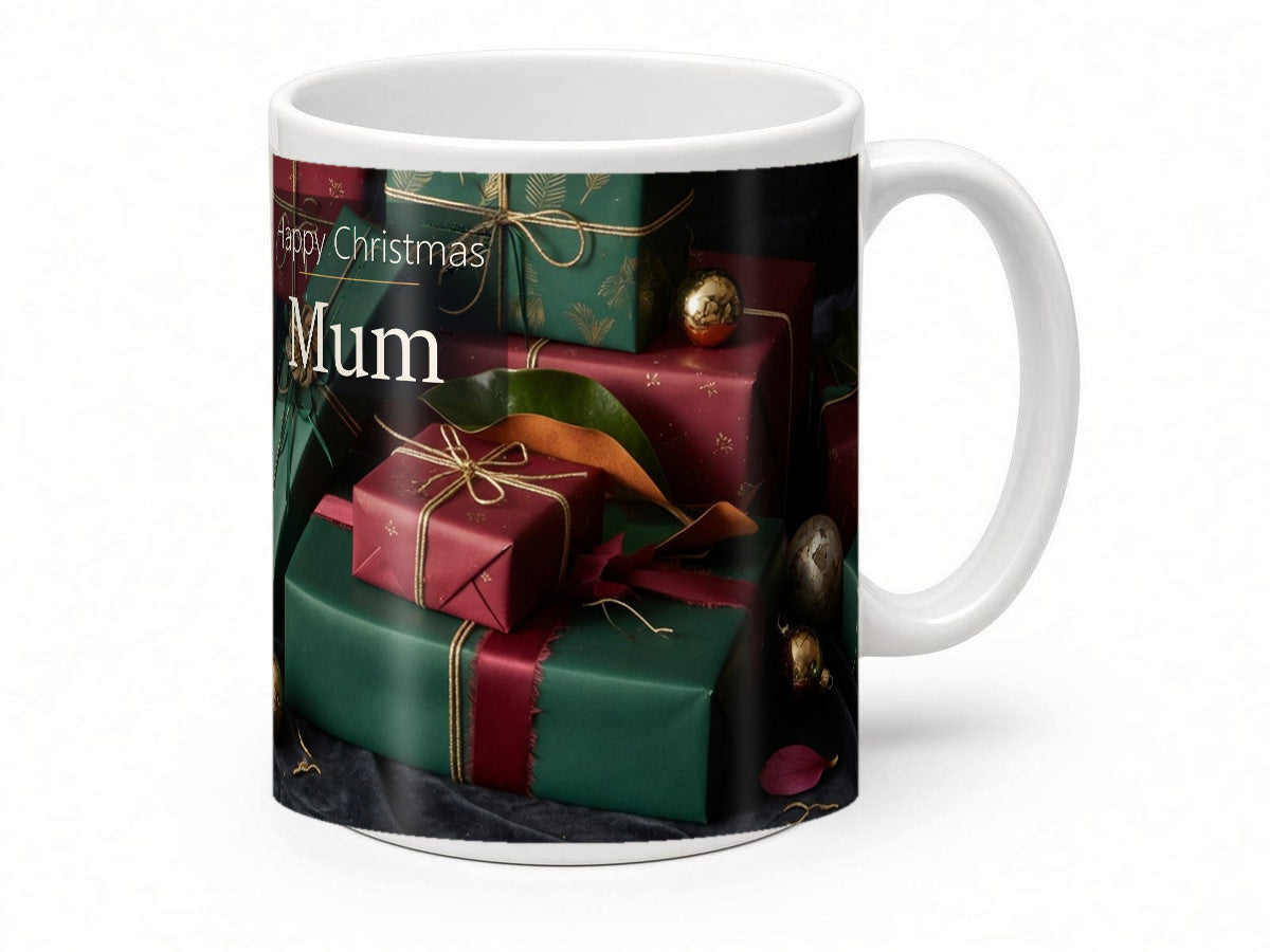 Happy Christmas Mum Mug – Wrapped Presents – handle view