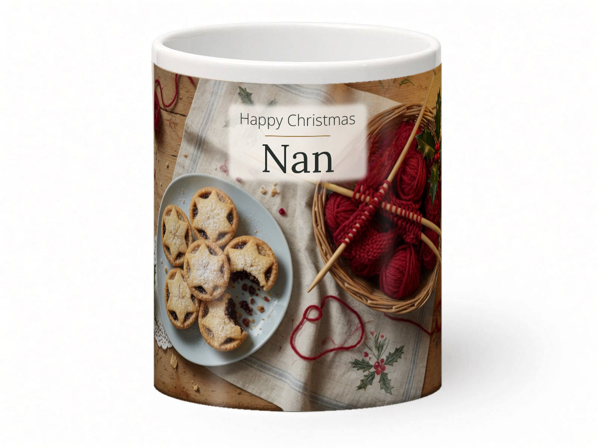 Happy Christmas Nan Mug – Mince Pies & Knitting – front view