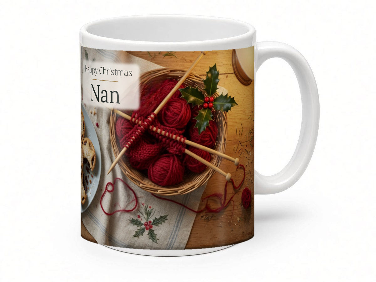 Happy Christmas Nan Mug – Mince Pies & Knitting – handle view
