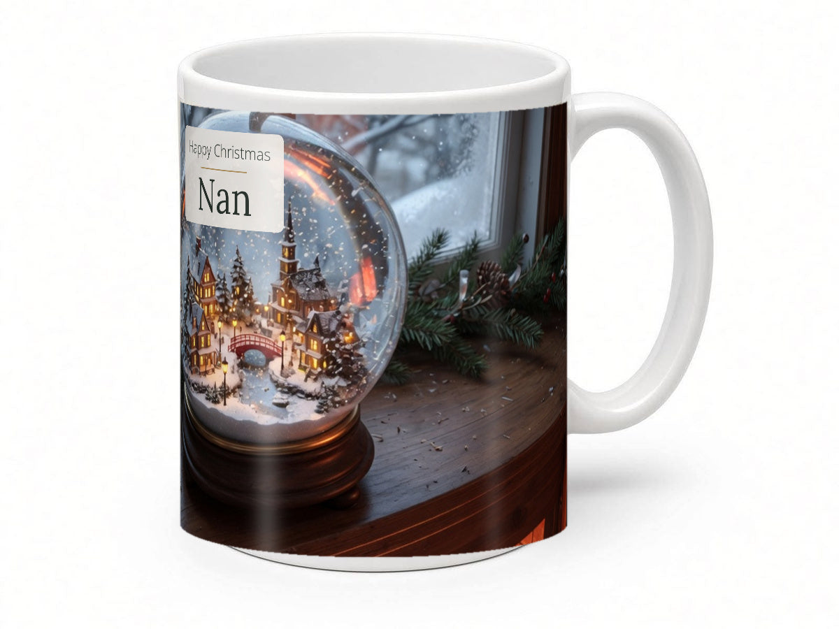 Happy Christmas Nan Mug – Snow Globe Village – handle view