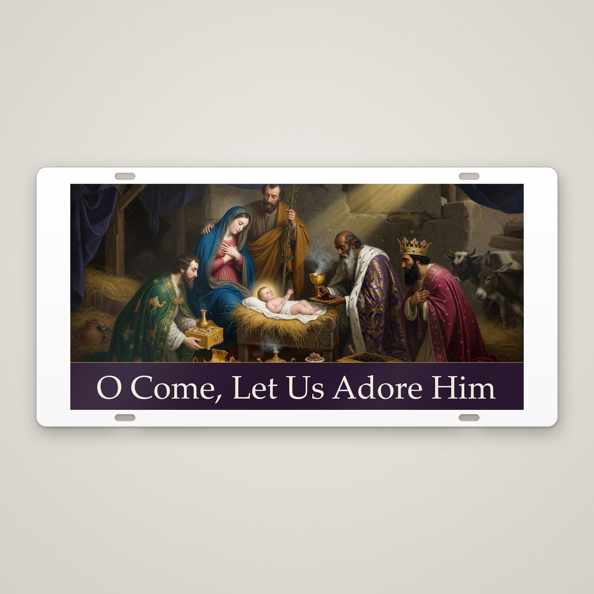 O Come, Let Us Adore Him metal Christmas wall plaque – front view