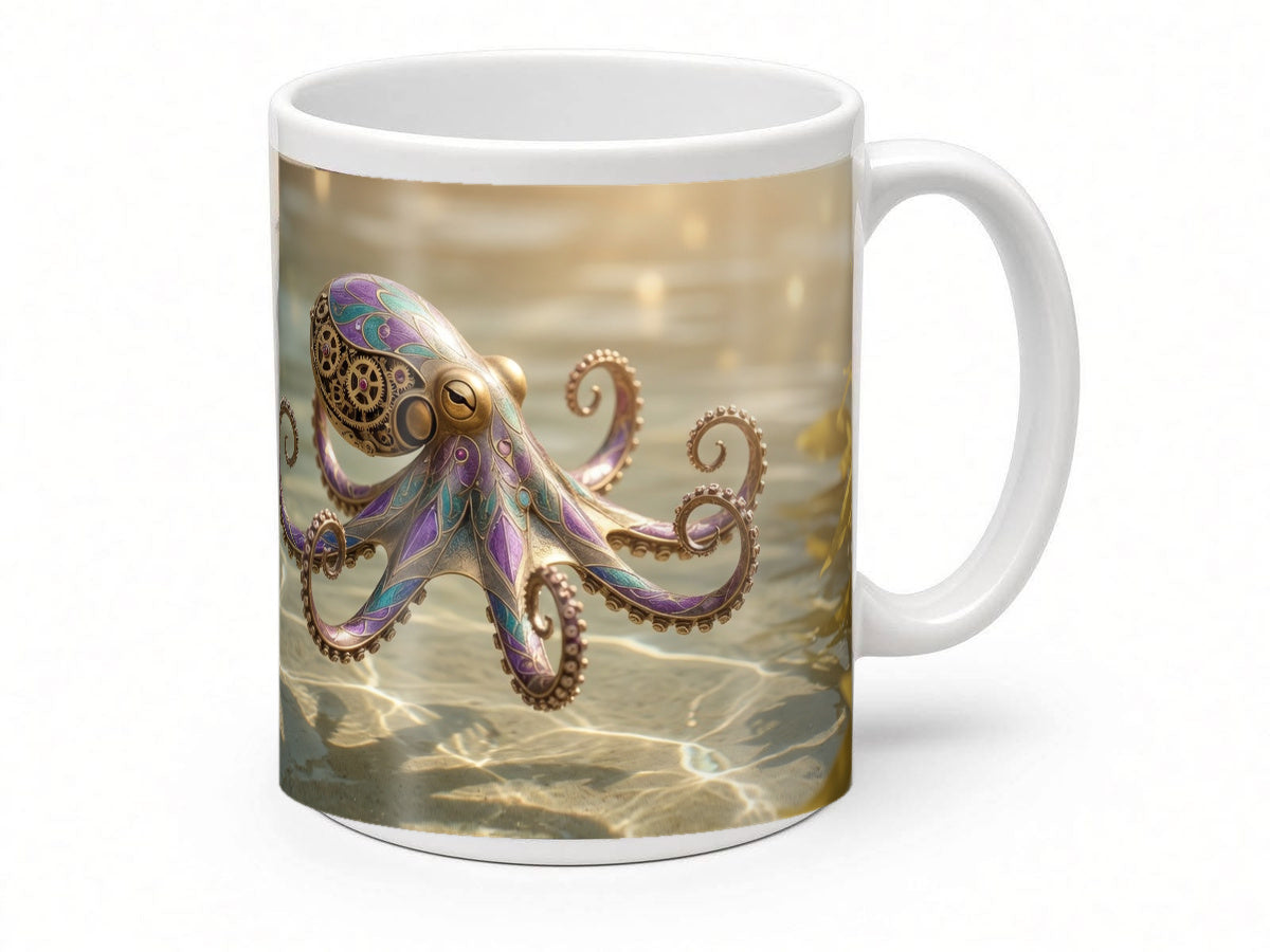 Clockwork octopus mug from another angle, handmade in the UK