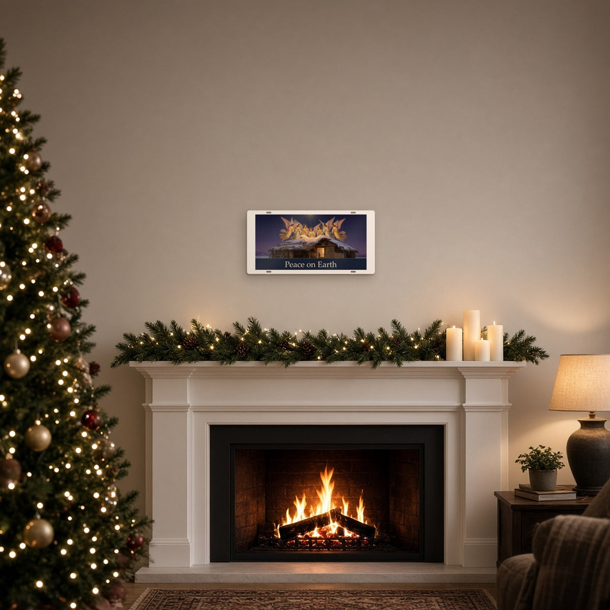 Peace on Earth metal Christmas wall plaque hung above a festive fireplace