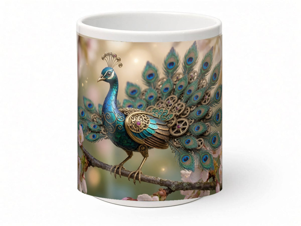 Clockwork peacock mug, handmade UK gift