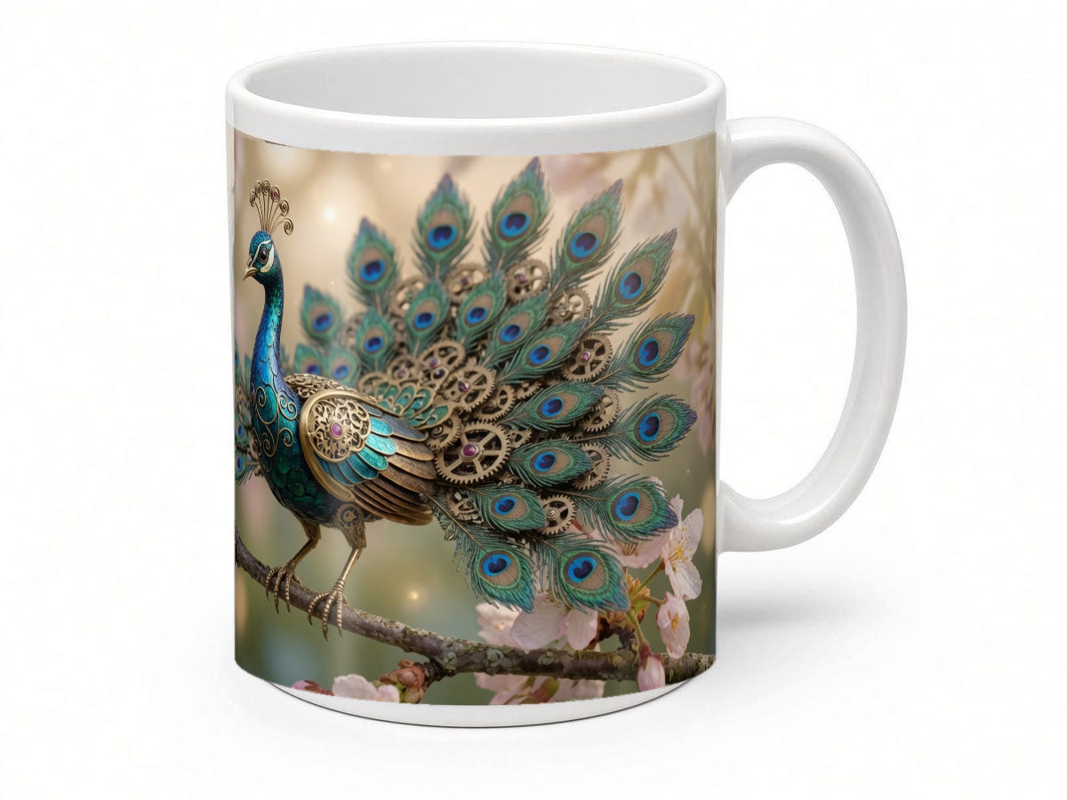 Clockwork peacock mug from another angle, handmade in the UK