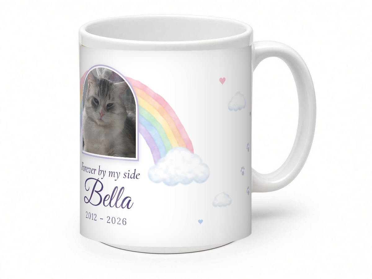 Personalised Rainbow Bridge cat memorial mug, handle view