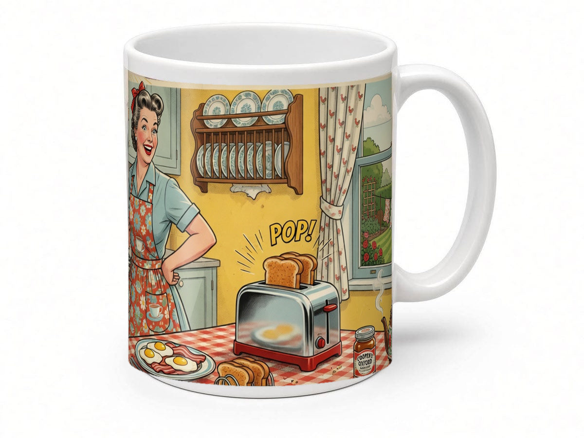 Retro kitchen breakfast mug from another angle, handmade in the UK