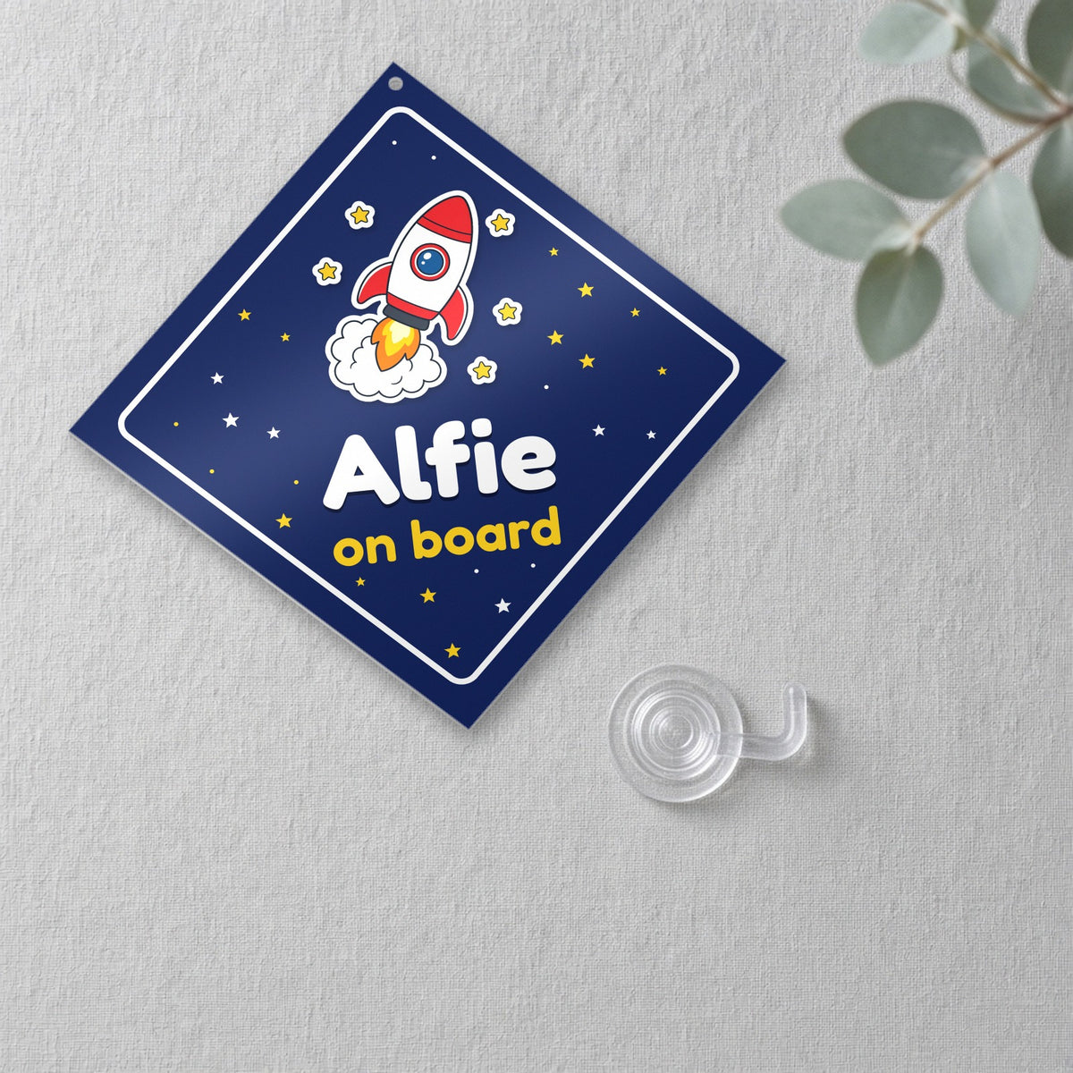 Personalised Space Rocket On Board metal car window sign close-up