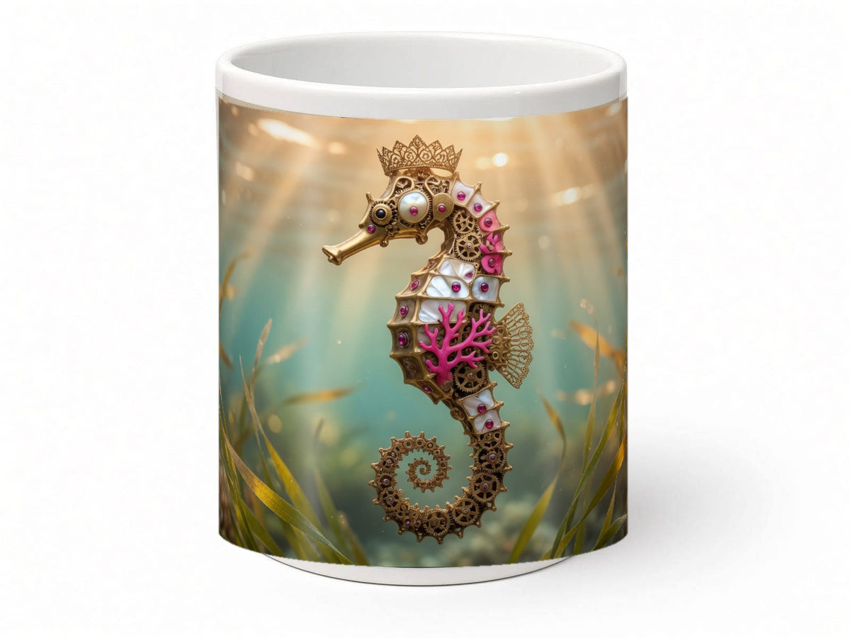Clockwork seahorse mug, handmade UK gift
