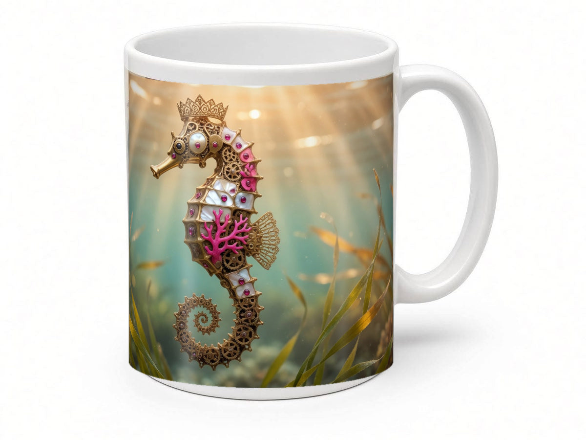 Clockwork seahorse mug from another angle, handmade in the UK