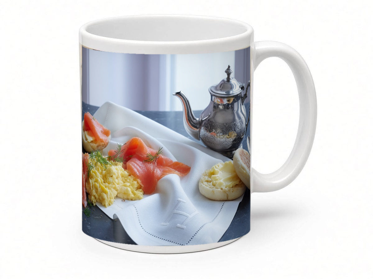 Smoked salmon breakfast mug from another angle, handmade in the UK