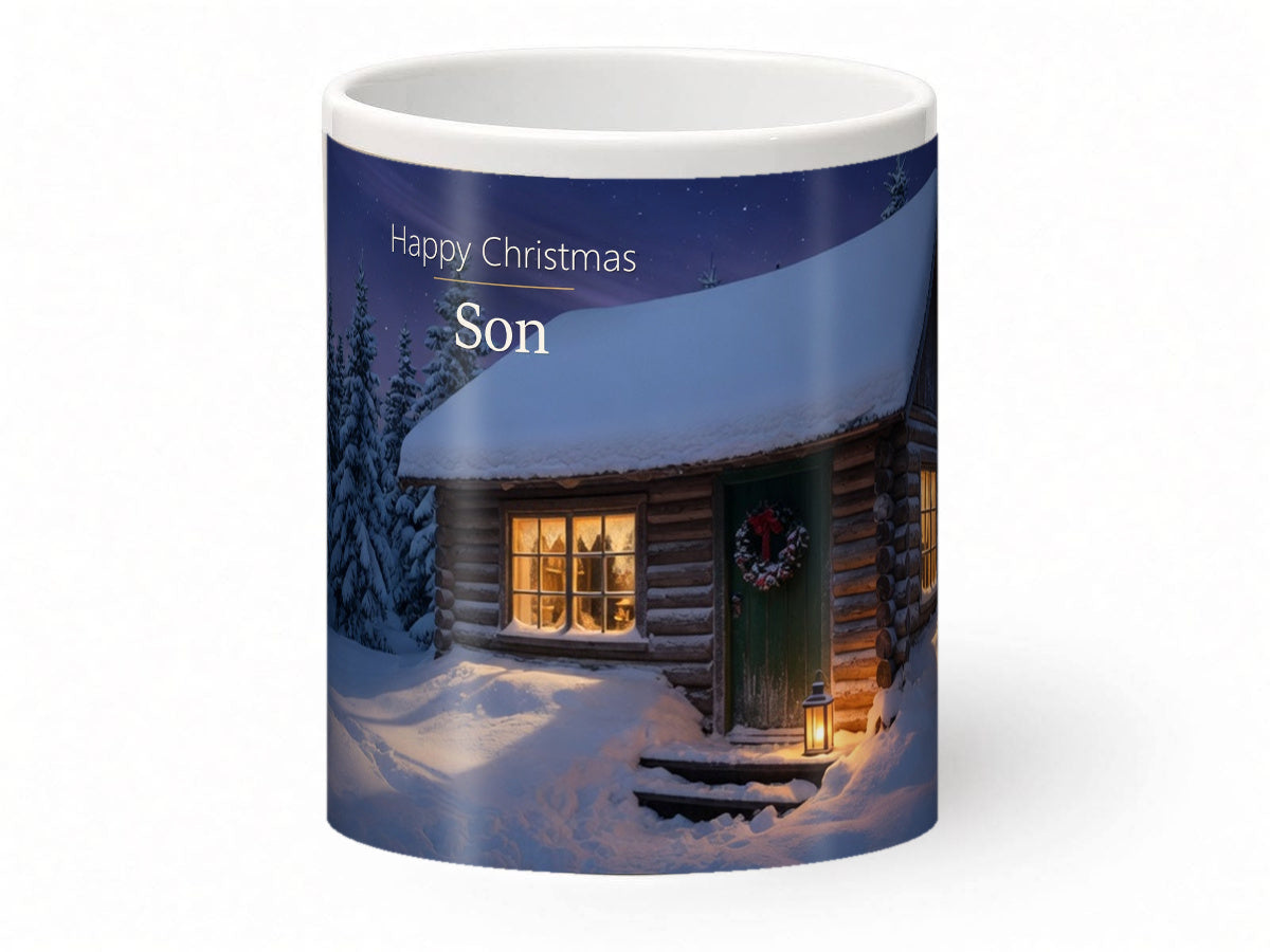 Happy Christmas Son Mug – Snowy Cabin – front view
