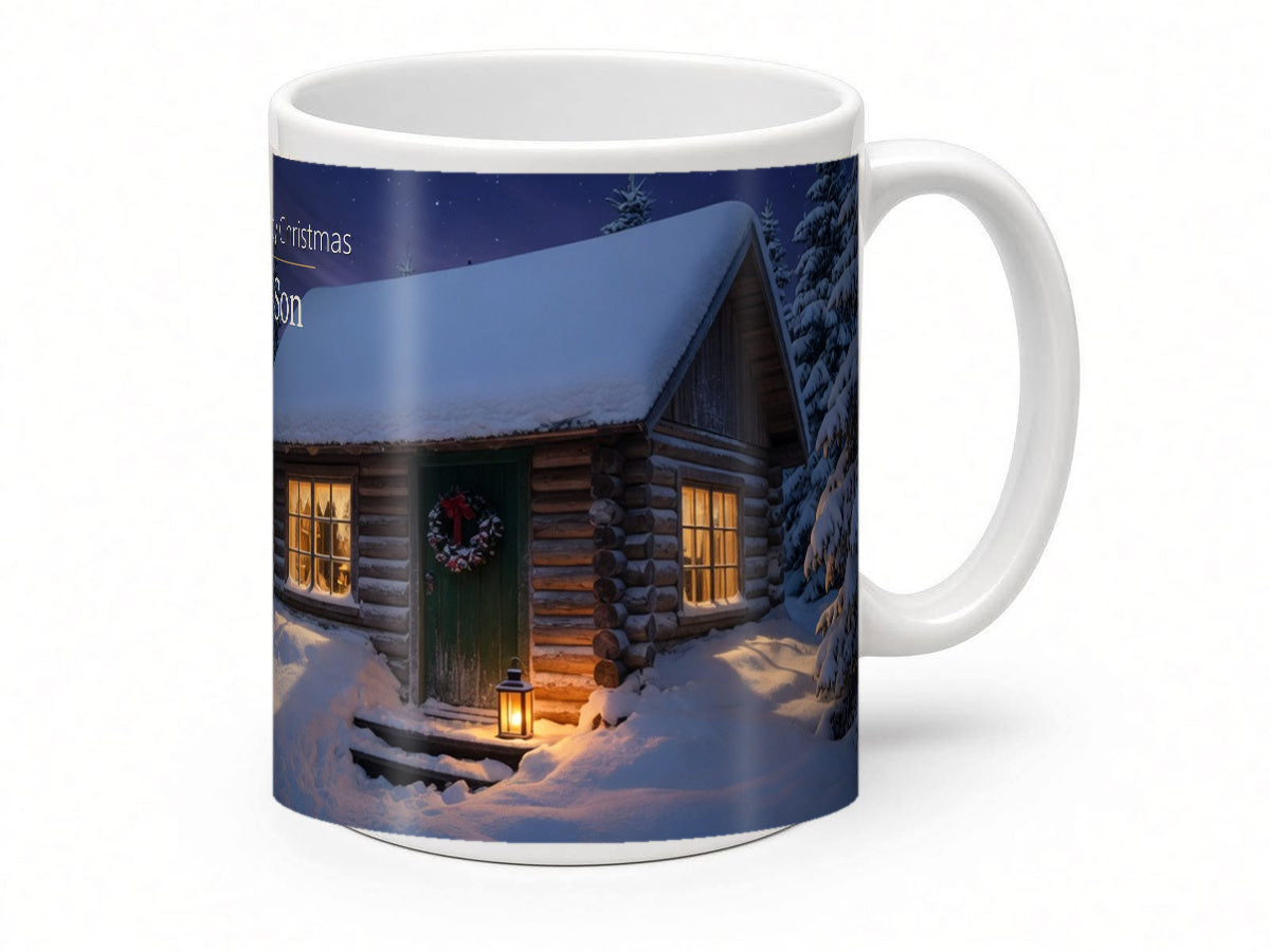 Happy Christmas Son Mug – Snowy Cabin – handle view
