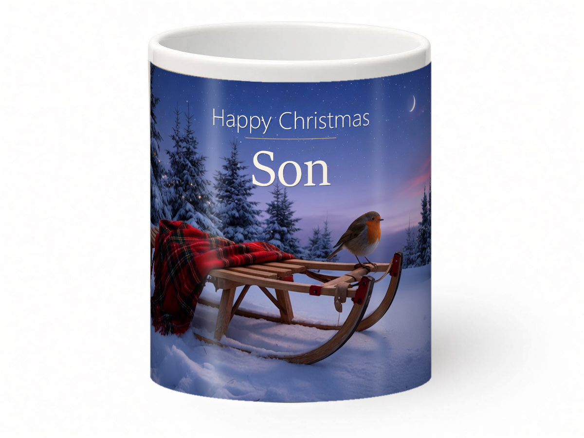 Happy Christmas Son Mug – Robin & Sledge – front view