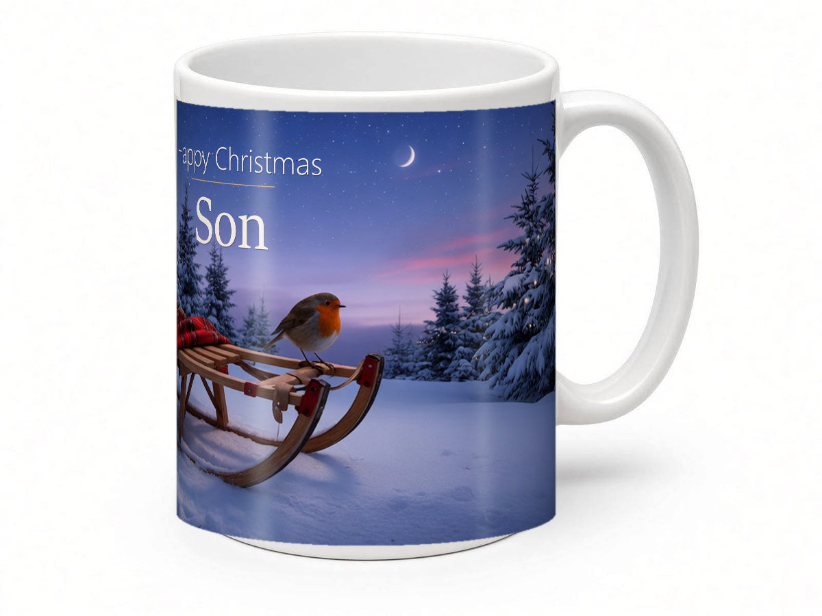 Happy Christmas Son Mug – Robin & Sledge – handle view