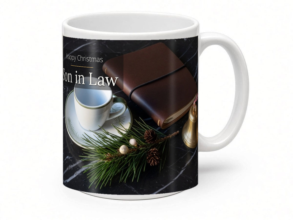 Happy Christmas Son in Law Mug – Espresso & Pine – handle view