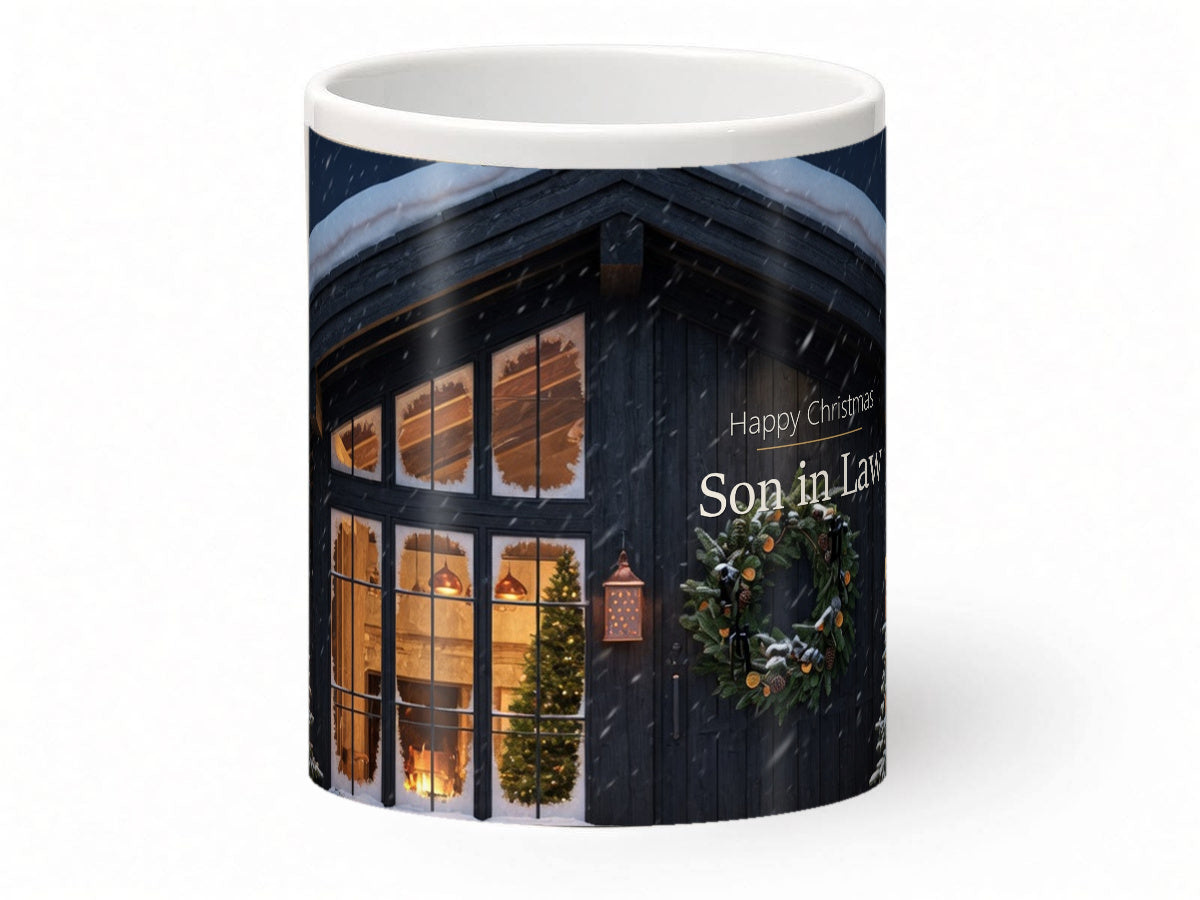 Happy Christmas Son in Law Mug – Winter Lodge – front view