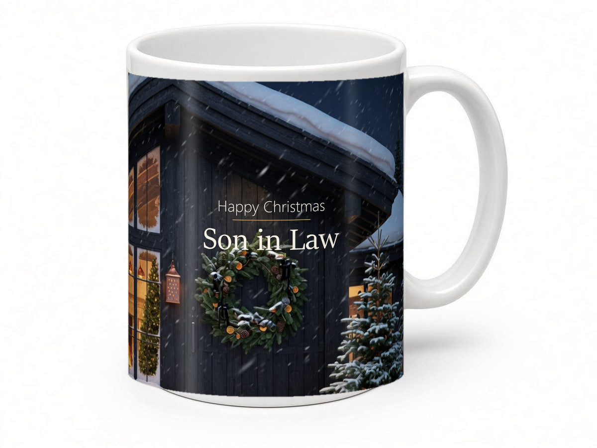 Happy Christmas Son in Law Mug – Winter Lodge – handle view