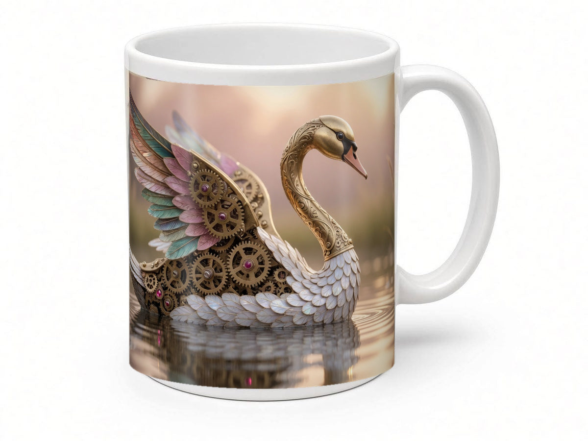 Clockwork swan mug from another angle, handmade in the UK