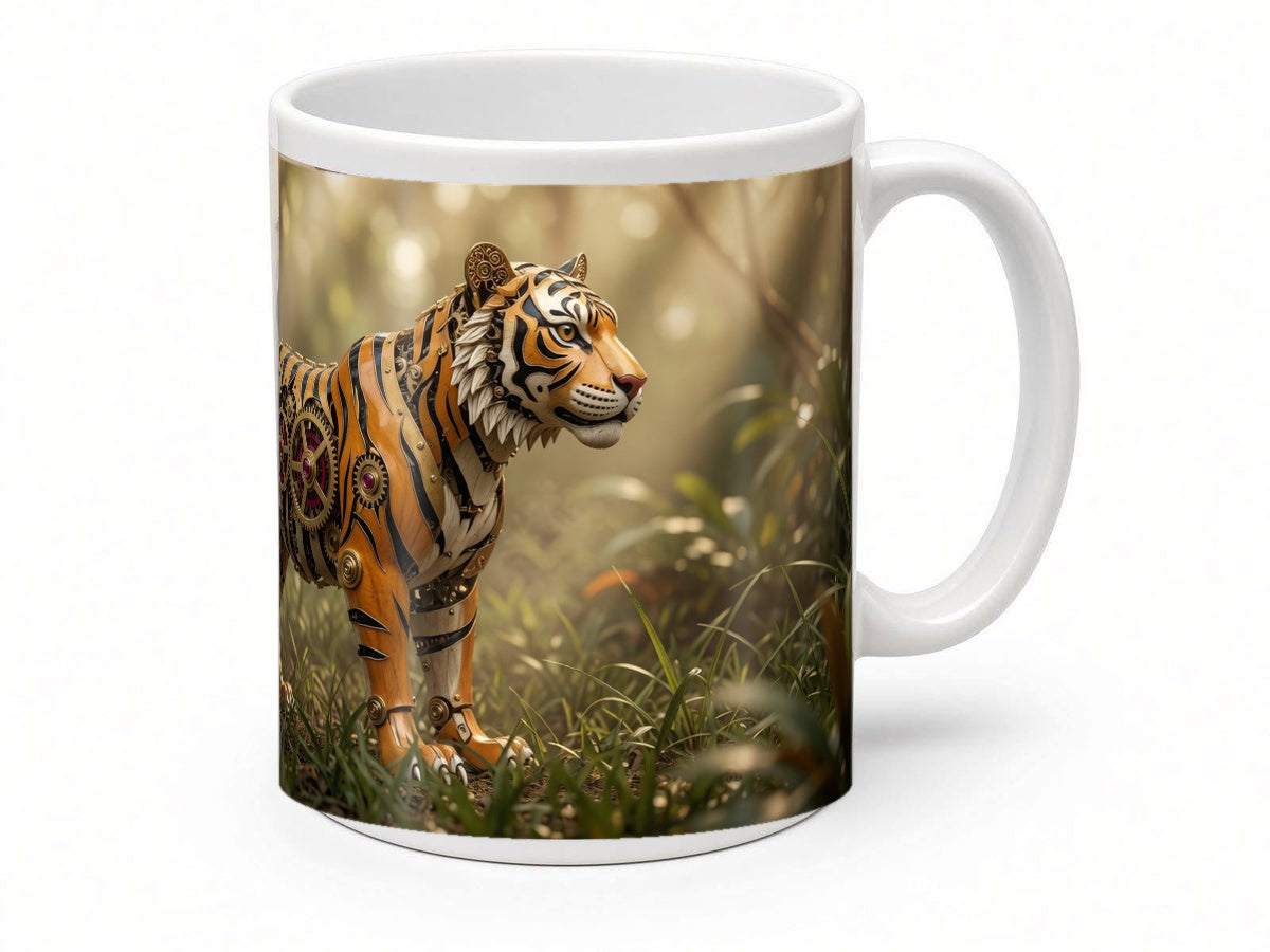 Clockwork tiger mug from another angle, handmade in the UK