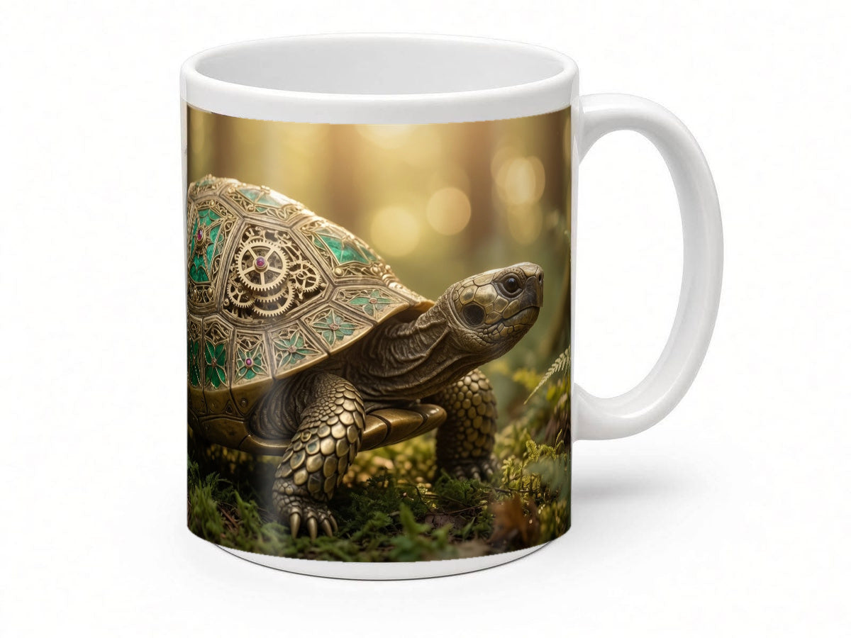 Clockwork tortoise mug from another angle, handmade in the UK