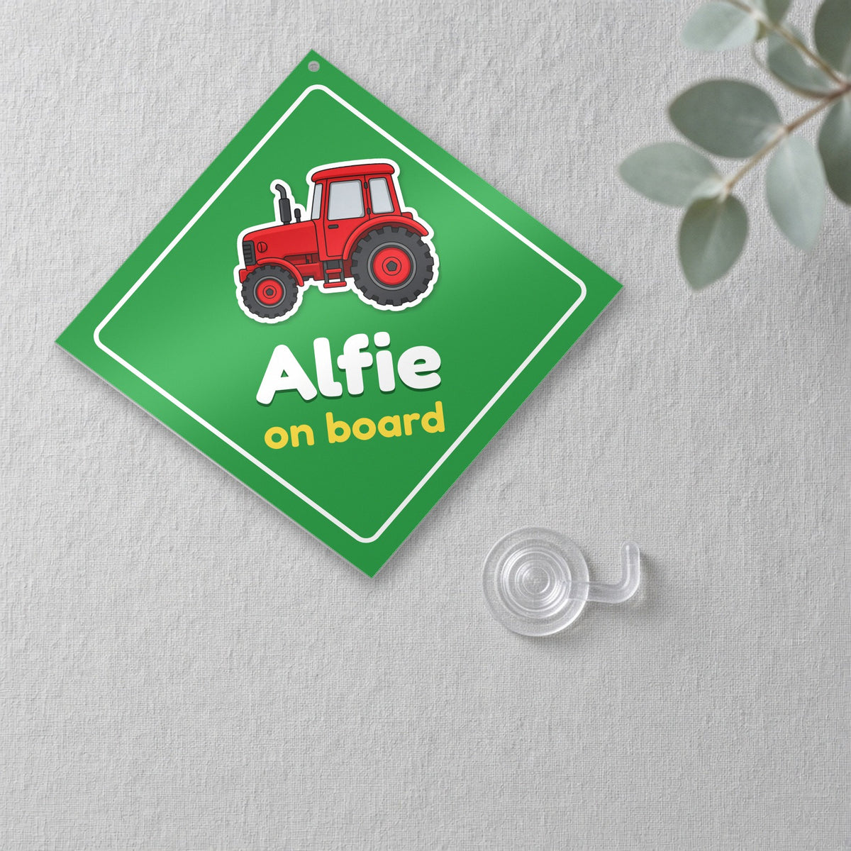 Personalised Tractor On Board metal car window sign close-up