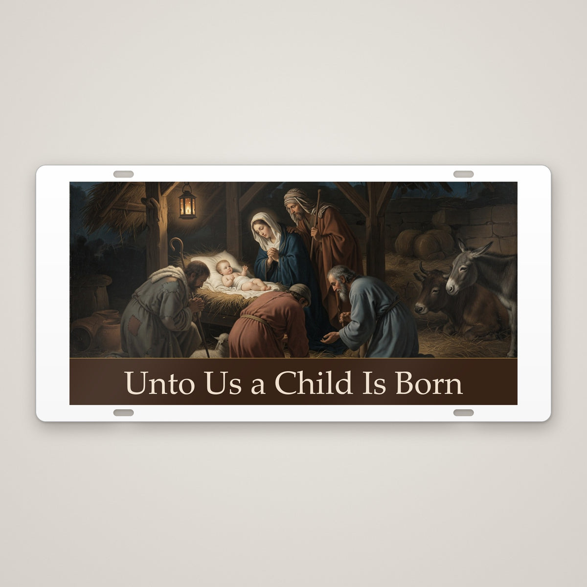 Unto Us a Child Is Born metal Christmas wall plaque – front view