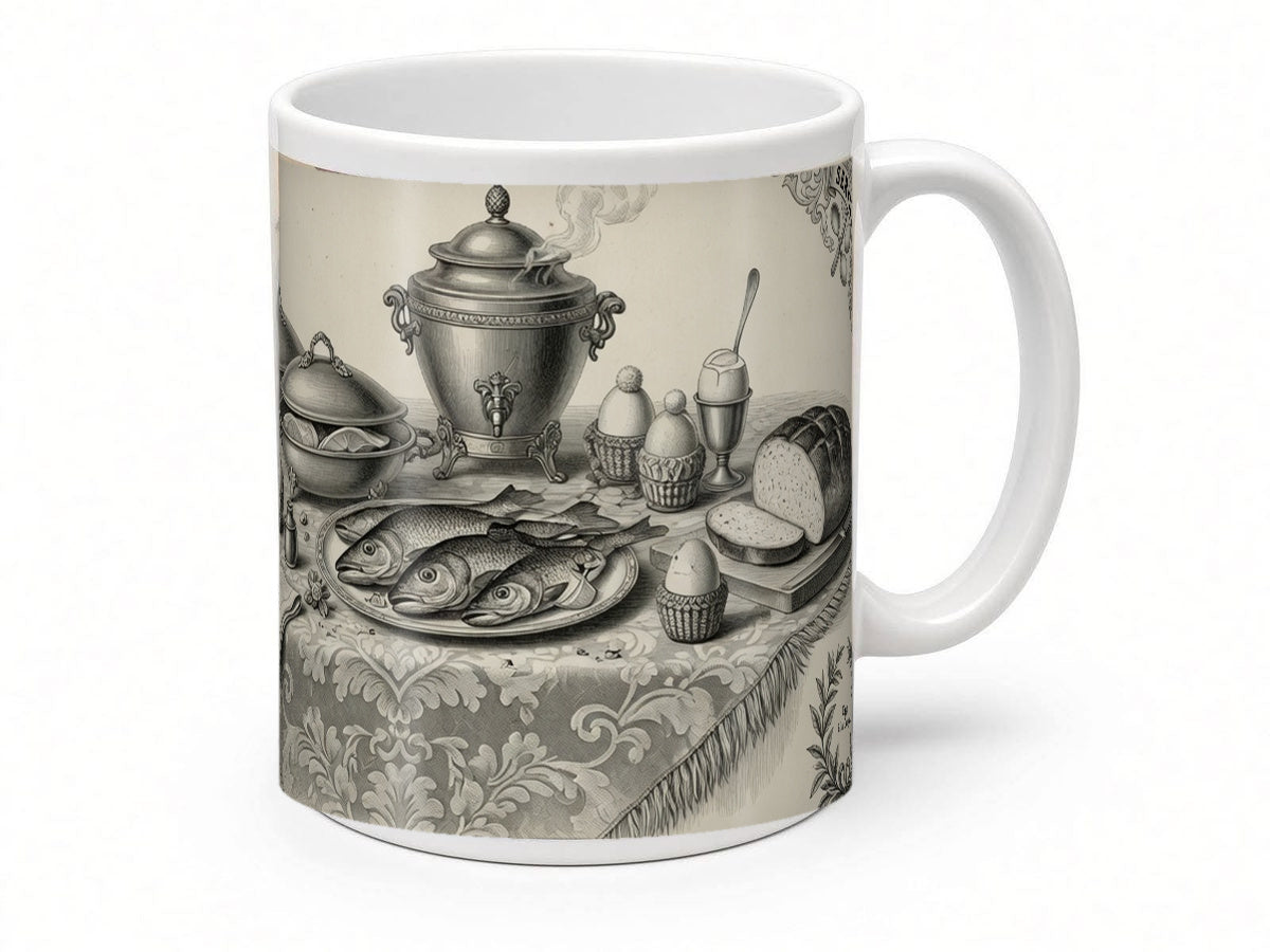 Victorian breakfast engraving mug from another angle, handmade in the UK