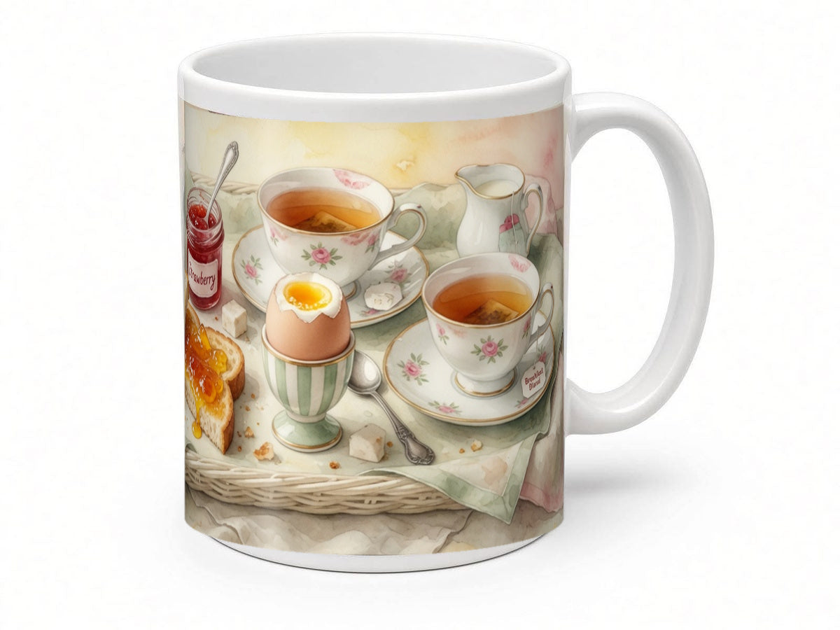 Watercolour breakfast tray mug from another angle, handmade in the UK