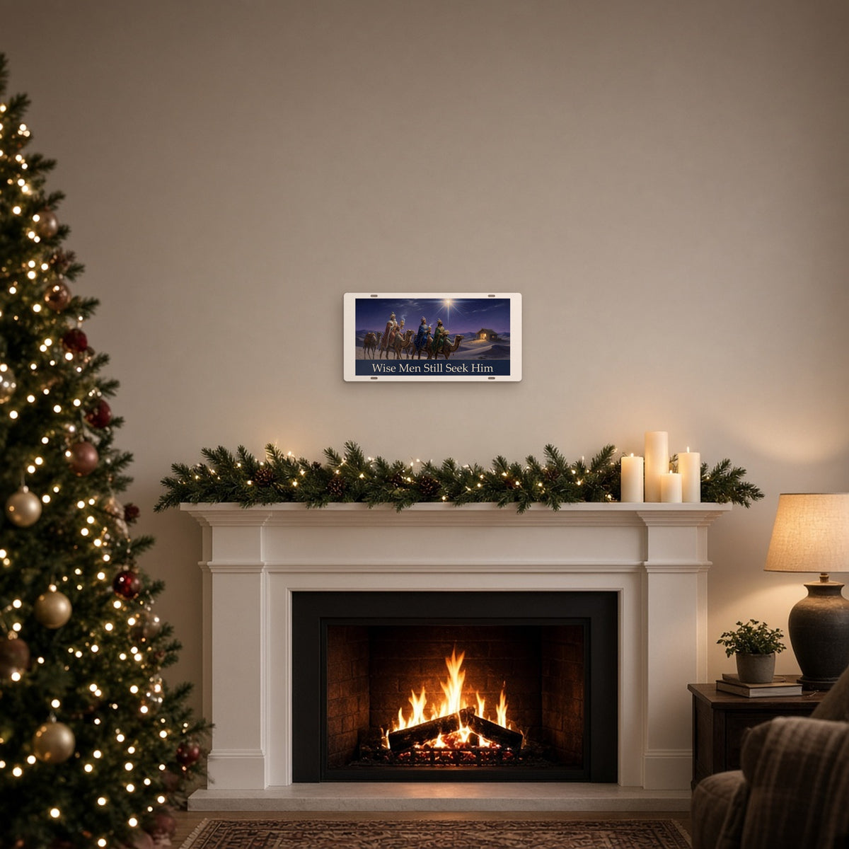 Wise Men Still Seek Him metal Christmas wall plaque hung above a festive fireplace